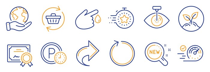 Fototapeta premium Set of Business icons, such as Refresh cart, Parking time. Certificate, save planet. Blood donation, Speedometer, Startup. Eye laser, Loop, Timer. New products, Share line icons. Vector
