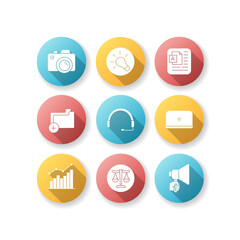 Remote work elements flat design long shadow glyph icons set. Camera for photography. Bright idea, light bulb. Document with folder. Work with laptop. Silhouette RGB color illustration