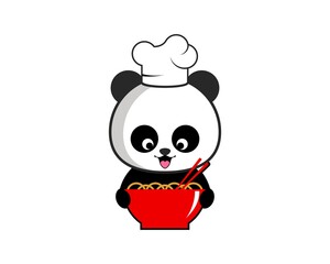 Fototapeta premium Cute panda chef eats noodles