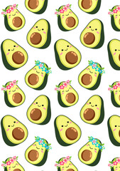 Cute cartoon avocado couple: a boy and a girl in a wreath of pink blue flowers. Two green halves of an avocado with a smile. Wallpaper seamless pattern, vector illustration isolated white background