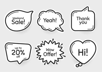 Comic chat bubbles. Weekend sale, 20% discount and wow offer. Thank you, hi and yeah phrases. Sale shopping text. Chat messages with phrases. Drawing texting thought speech bubbles. Vector