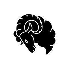 Fototapeta premium Aries zodiac sign black glyph icon. Horoscope ram silhouette symbol on white space. Astrological birth sign. Horned farm animal, herbivore livestock, domestic cattle. Vector isolated illustration