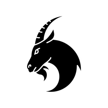 Capricorn zodiac sign black glyph icon. Astrology, horoscope goat silhouette symbol on white space. Domestic cattle, farmland livestock. Herbivore farm animal with horns vector isolated illustration