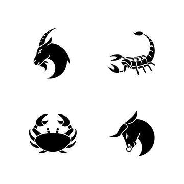 Astrological signs black glyph icons set on white space. Goat, crab, scorpion and bull zodiac silhouette symbols. Horoscope future prediction, esoteric fortune telling. Vector isolated illustrations