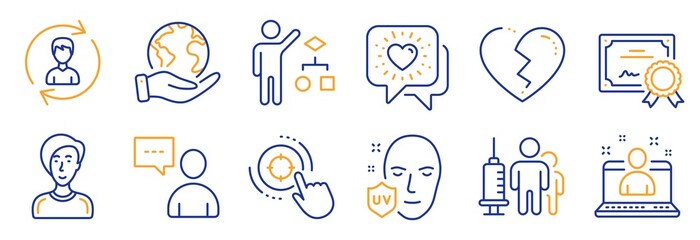 Set of People icons, such as Friends chat, Broken heart. Certificate, save planet. Uv protection, Human resources, Medical vaccination. Best manager, Businesswoman person, Seo target. Vector