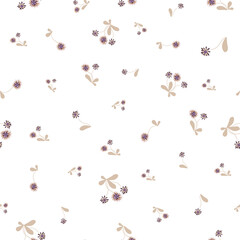 Ditsy wildflowers seamless vector pattern in light colors. Simple surface print design for fabrics, textiles, stationery, wrapping paper, scrapbook, home decor, and packaging.