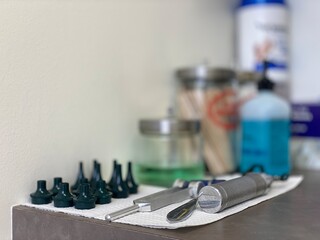 Doctor's Office Sanitizing Station Eye Nose Throat Check Jars Tongue Depressant