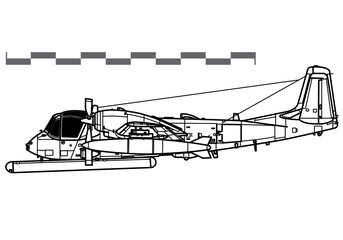 Grumman OV-1 Mohawk. Vector drawing of light attack and observation aircraft. Side view. Image for illustration and infographics.