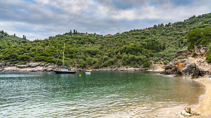 Beautiful landscape with yacht in a small bay, Ithaca island
