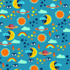 Fototapeta na wymiar seamless pattern with the sun, moon, planets, stars, rainbows, lightnings and eyes