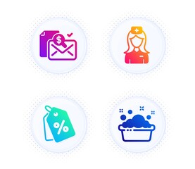 Hospital nurse, Discount tags and Accounting report icons simple set. Button with halftone dots. Hand washing sign. Medical assistant, Sale coupons, Check finance. Laundry basin. Business set. Vector