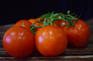 Large red tomatoes on a dark wooden background. Round delicious vegetables with water drops close up