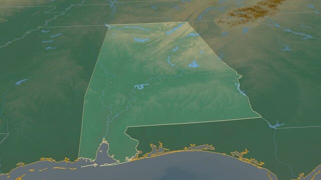 Alabama, state with its capital, zoomed and extruded on the relief map of United States in the conformal Stereographic projection. Animation 3D