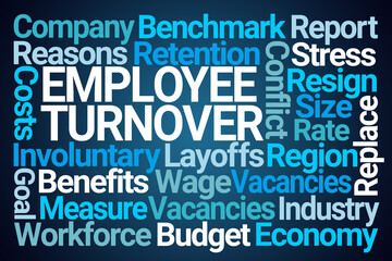 Employee Turnover Word Cloud on Blue Background