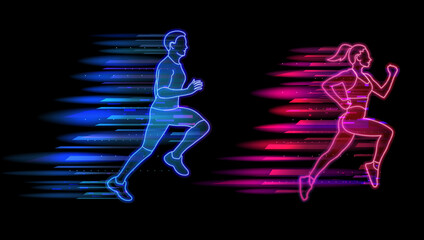 Man and woman running neon light style, jogging people set. Healthy lifestyle and sports concept vector illustration