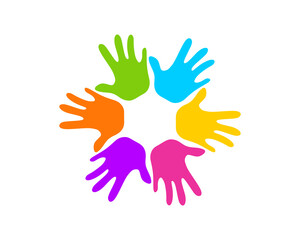 Hands children protection with rainbow colors