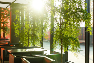 A dining room table in front of a window