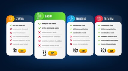 Globe, Wifi and Cogwheel line icons set. Pricing table, subscription plan. Energy sign. Internet world, Wi-fi internet, Engineering tool. Thunderbolt. Technology set. Vector