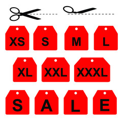 
Labels for clothes. Sizes. Sale. Scissors with a dotted line. Elements for design, advertising, web, packaging. Vector.