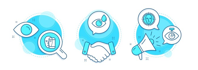 Eye laser, Face detect and Face biometrics line icons set. Handshake deal, research and promotion complex icons. Eye drops sign. Optometry clinic, Select target, Facial recognition. Vector