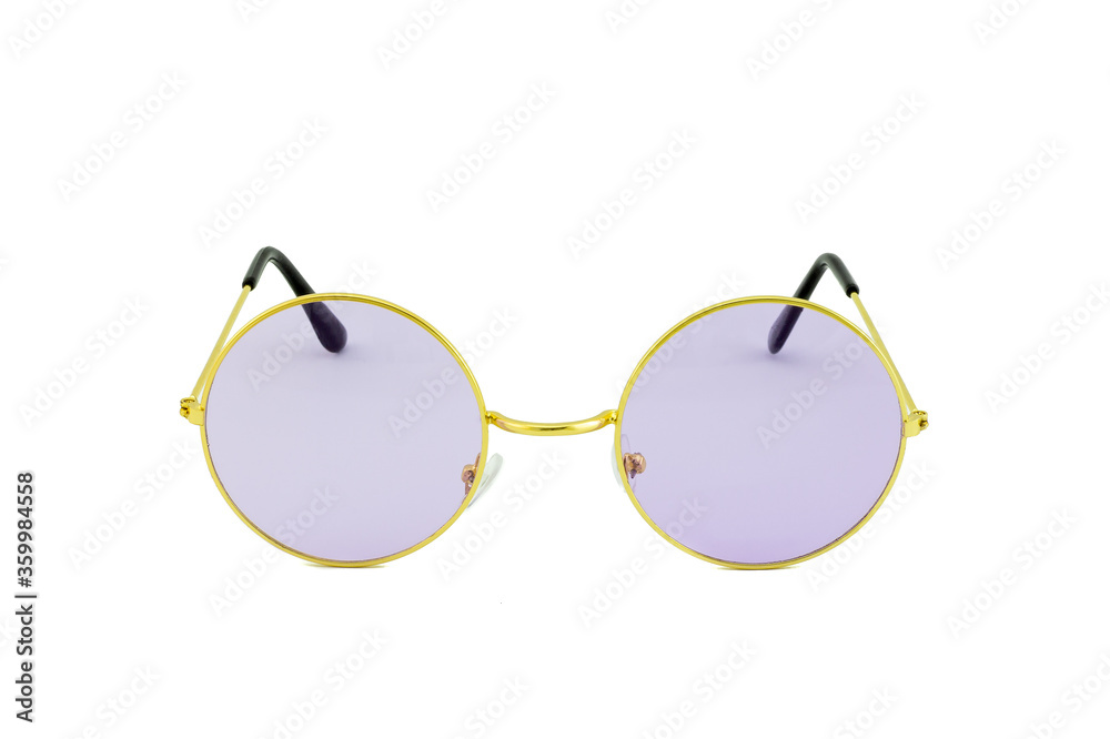 Poster street style oval sunglasses with thin golden metal frame, clear purple lens, isolated on white back