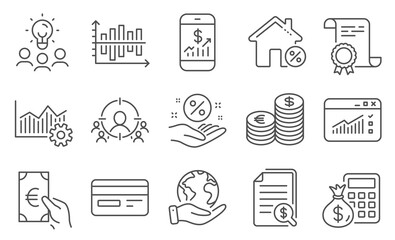 Set of Finance icons, such as Credit card, Finance calculator. Diploma, ideas, save planet. Web traffic, Finance, Loan house. Business targeting, Financial documents, Currency. Vector