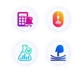 Chemistry lab, Swipe up and Calculator alarm icons simple set. Button with halftone dots. Elastic sign. Laboratory flask, Scrolling page, Accounting. Resilience. Technology set. Vector