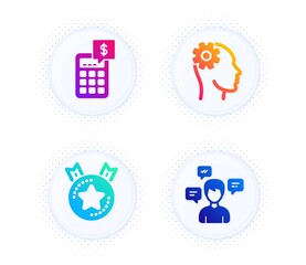 Engineering, Calculator and Ranking star icons simple set. Button with halftone dots. Conversation messages sign. Cogwheel head, Money management, Winner medal. Communication. Technology set. Vector