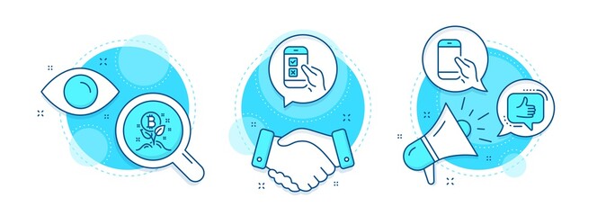 Mobile survey, Like and Hold smartphone line icons set. Handshake deal, research and promotion complex icons. Bitcoin project sign. Phone quiz test, Thumbs up, Phone call. Vector