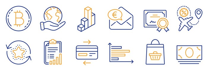 Set of Finance icons, such as 3d chart, Checklist. Certificate, save planet. Flight sale, Horizontal chart, Cash money. Online buying, Euro money, Loyalty points. Vector