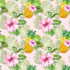 Bright and colourful summer tropical print. Watercolor floral seamless pattern with exotic plants, flowers and fruits. Green palm leaf, pineapple on pastel pink background.