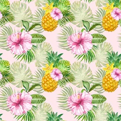 Poster Bright and colourful summer tropical print. Watercolor floral seamless pattern with exotic plants, flowers and fruits. Green palm leaf, pineapple on pastel pink background. © Anna Nekotangerine
