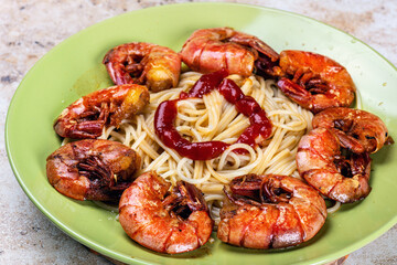 pasta with shrimp. traditional italian dish with shrimp. Home kitchen.
