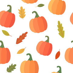 Seamless pattern with pumpkin and oak leaves. Autumn vector pattern. For textiles, wrapping paper, fabric.
