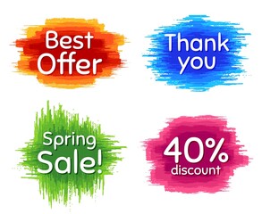 Best offer, 40% discount and spring sale. Dirty brush stroke. Thank you phrase. Sale shopping text. Paint, ink watercolor brush stroke. Grunge painbrush dash. Vector