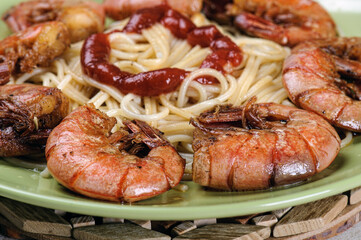 pasta with shrimp. traditional italian dish with shrimp. Home kitchen.