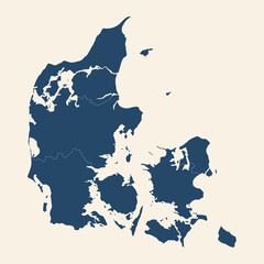 Denmark detailed map with its provinces. Cyan blue, cream white background.