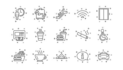 Elevator, Taxi and Wifi internet. Public services line icons. Fast food linear icon set. Geometric elements. Quality signs set. Vector