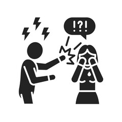 Violence in family black glyph icon. Men bullying women. Sign for web page, mobile app, button, logo.