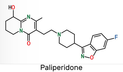 Paliperidone, 9-Hydroxyrisperidone molecule. It is atypical antipsychotic agent that is used in the treatment of schizophrenia. Skeletal chemical formula