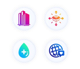Skyscraper buildings, Oil serum and Parcel delivery icons simple set. Button with halftone dots. World brand sign. Town architecture, Cosmetic care, Logistics service. Love. Business set. Vector