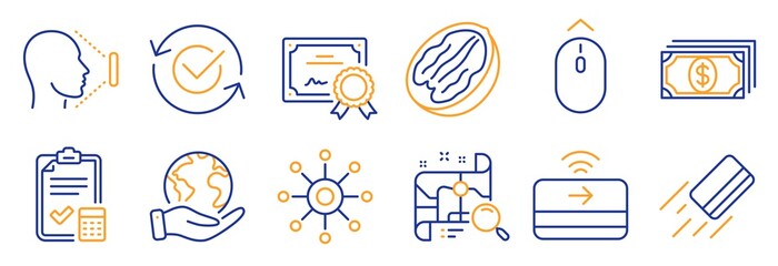 Set of Business icons, such as Search map, Credit card. Certificate, save planet. Face id, Swipe up, Pecan nut. Accounting checklist, Multichannel, Contactless payment. Vector