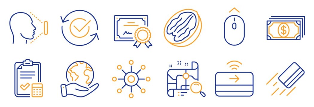 Set of Business icons, such as Search map, Credit card. Certificate, save planet. Face id, Swipe up, Pecan nut. Accounting checklist, Multichannel, Contactless payment. Vector