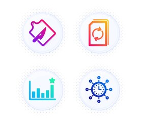 Update document, Cutting board and Efficacy icons simple set. Button with halftone dots. World time sign. Refresh file, Knife, Business chart. Measurement device. Business set. Vector
