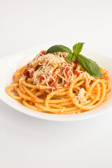 Italian pasta with tomato sauce and parmesan  in the plate on the white background. Copy space. Location vertical.