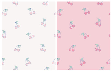 Fototapeta na wymiar Simple Abstract Cherries Vector Pattern. Happy Pink Hand Drawn Cherriess Isolated on a Pastel Pink and Off-White Backgrounds. Funny Infantile Style Fruits Vector Print.