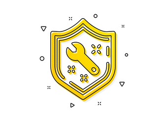 Repair service sign. Spanner tool icon. Shield protection symbol. Yellow circles pattern. Classic spanner icon. Geometric elements. Vector