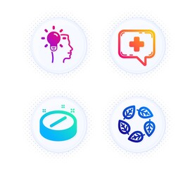 Idea, Medical tablet and Medical chat icons simple set. Button with halftone dots. Organic tested sign. Professional job, Medicine pill, Medicine help. Bio ingredients. Science set. Vector