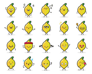 Set of cute Lemon fruit character in different action emotion for illustration or mascot.