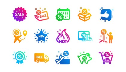 Shopping, Sale and New. Discount icons. Hot offer classic icon set. Gradient patterns. Quality signs set. Vector